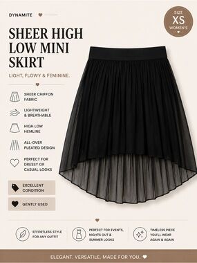 Dynamite Black Sheer High-Low Mini Skirt XS | Chiffon Pleated Party Cocktail